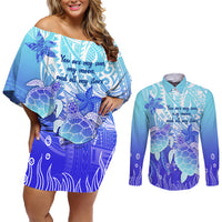 Polynesia Valentine Day Couples Matching Off Shoulder Short Dress and Long Sleeve Button Shirt Polynesian Sea Turtle Turquoise Version LT14 Turquoise - Polynesian Pride