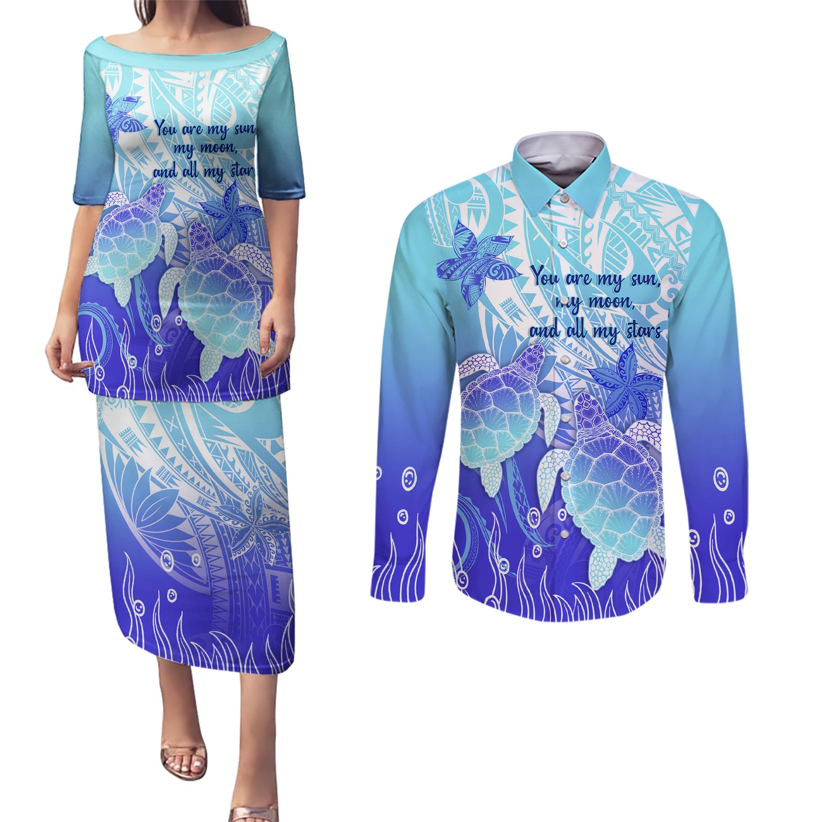 Polynesia Valentine Day Couples Matching Puletasi Dress and Long Sleeve Button Shirt Polynesian Sea Turtle Turquoise Version LT14 Turquoise - Polynesian Pride
