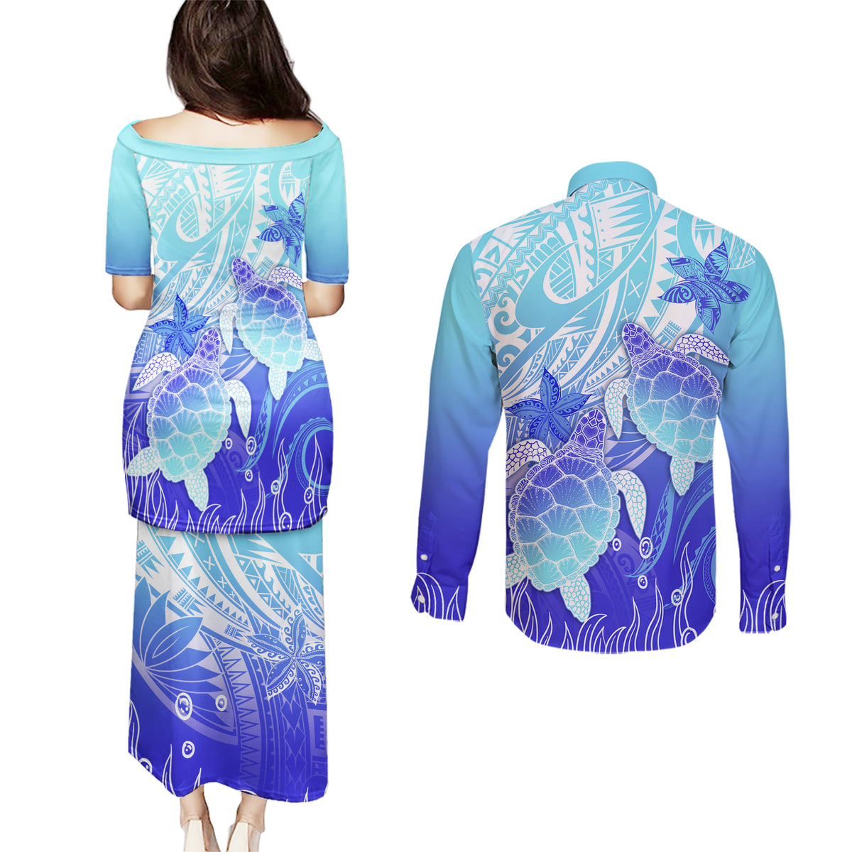 Polynesia Valentine Day Couples Matching Puletasi Dress and Long Sleeve Button Shirt Polynesian Sea Turtle Turquoise Version LT14 - Polynesian Pride