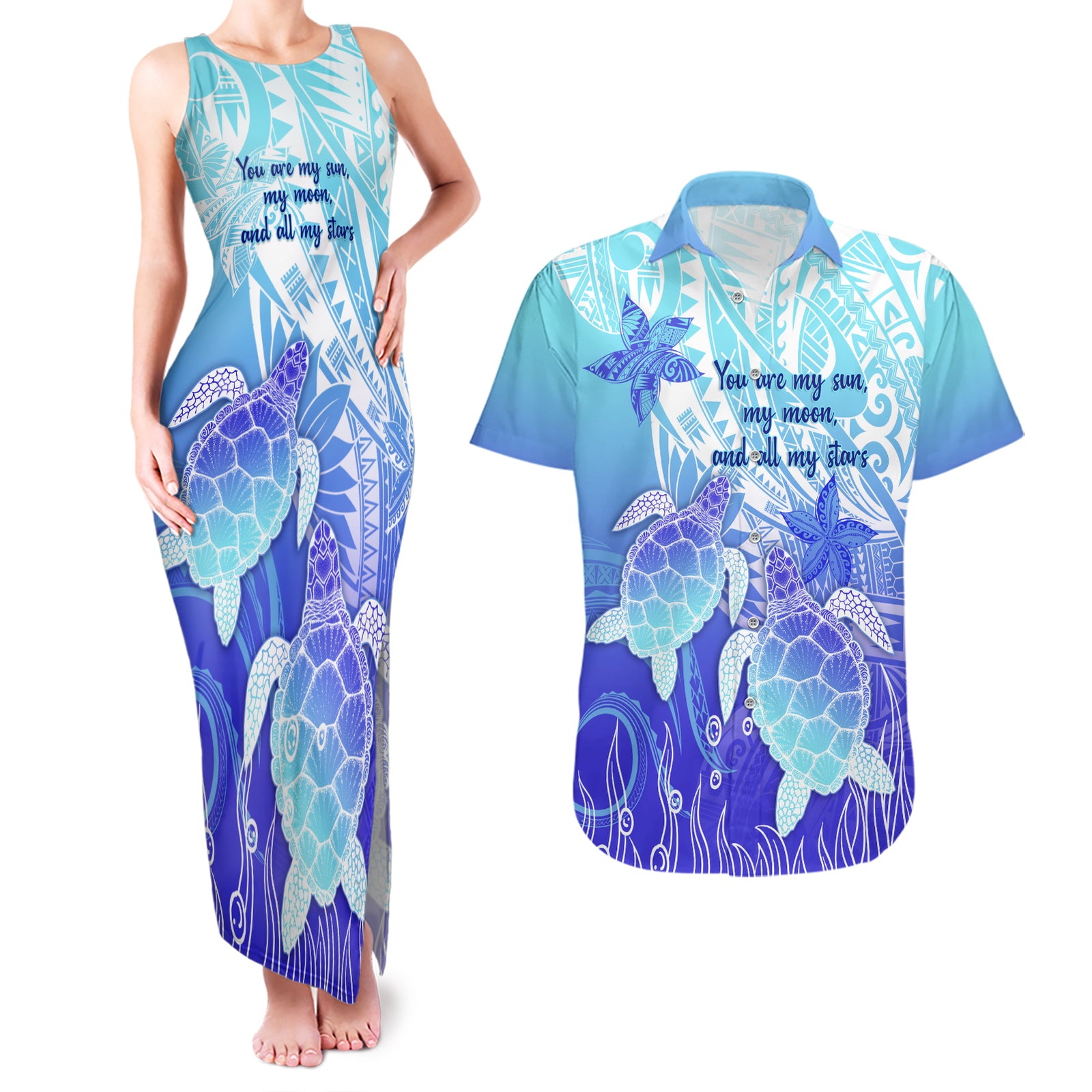 Polynesia Valentine Day Couples Matching Tank Maxi Dress and Hawaiian Shirt Polynesian Sea Turtle Turquoise Version LT14 Turquoise - Polynesian Pride