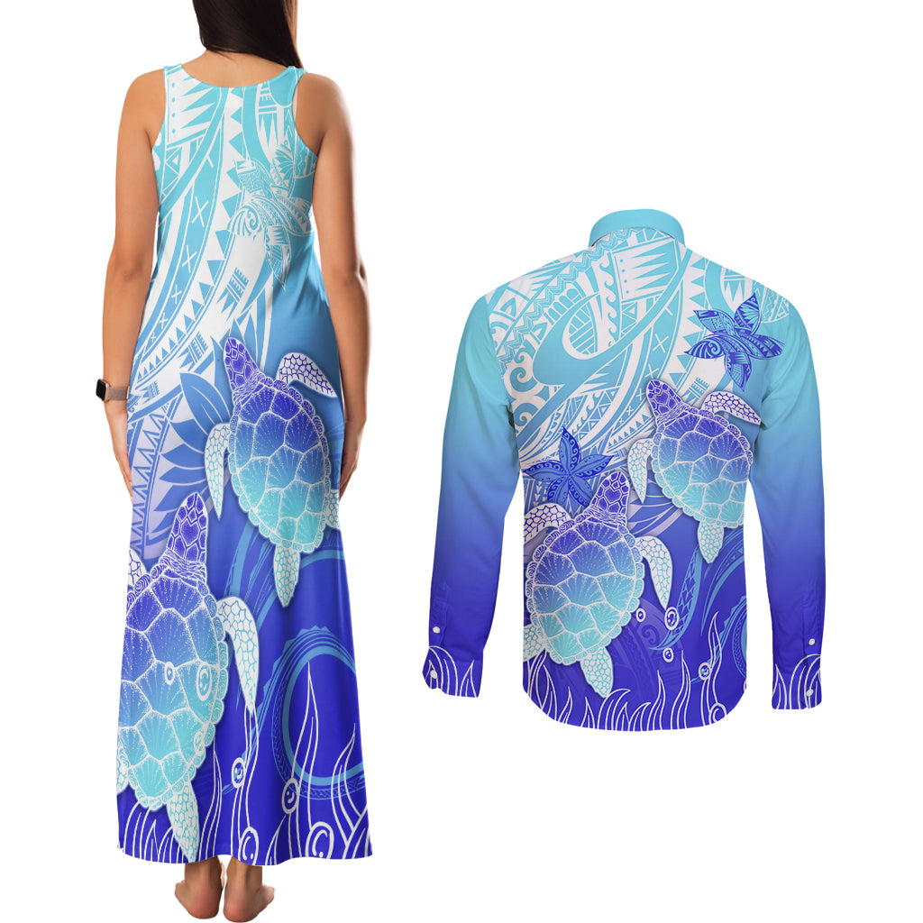Polynesia Valentine Day Couples Matching Tank Maxi Dress and Long Sleeve Button Shirt Polynesian Sea Turtle Turquoise Version LT14 - Polynesian Pride