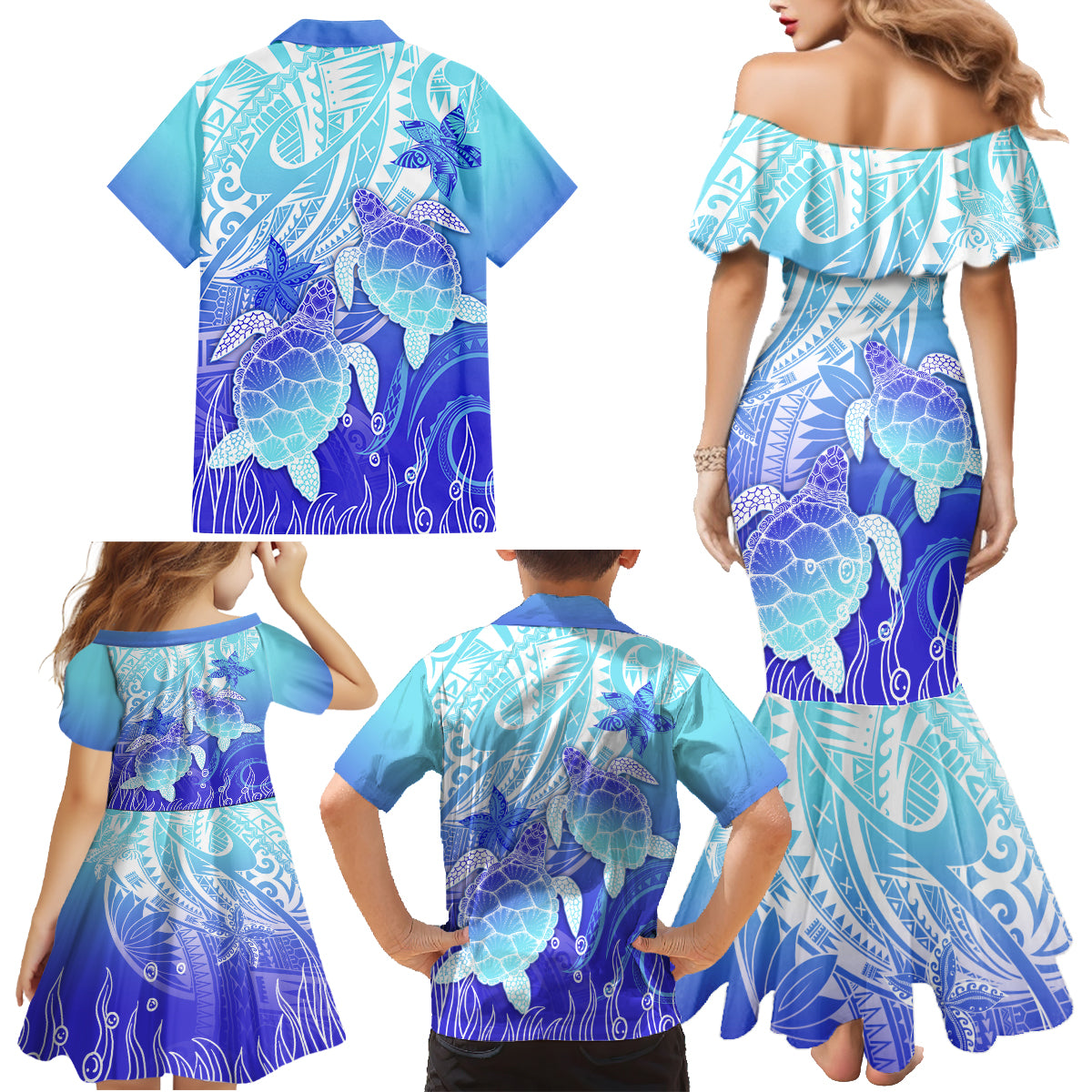 Polynesia Valentine Day Family Matching Mermaid Dress and Hawaiian Shirt Polynesian Sea Turtle Turquoise Version LT14 - Polynesian Pride