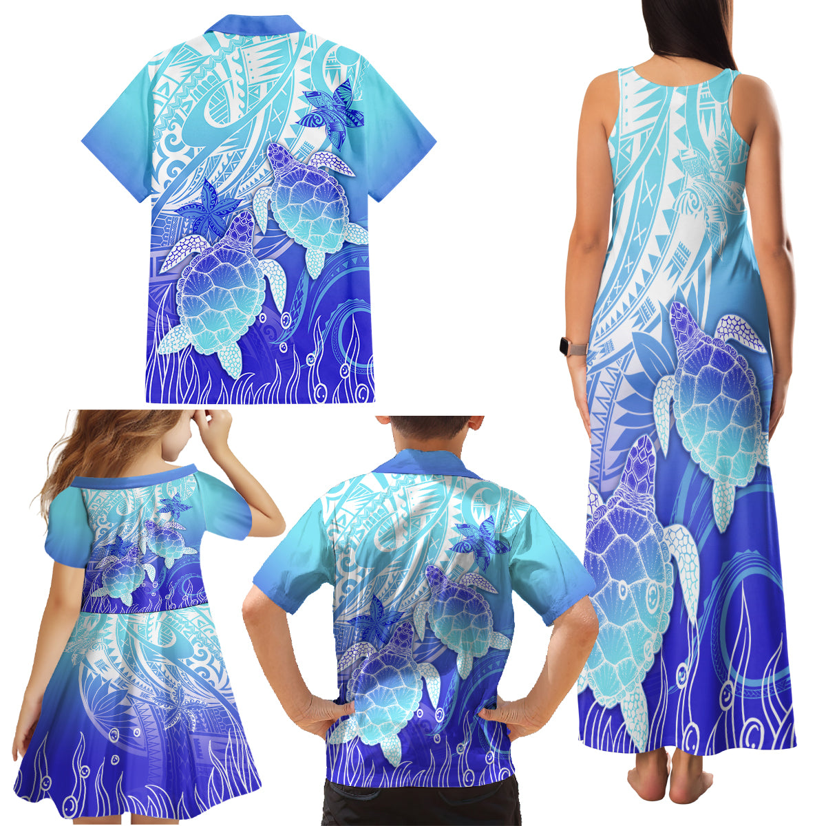 Polynesia Valentine Day Family Matching Tank Maxi Dress and Hawaiian Shirt Polynesian Sea Turtle Turquoise Version LT14 - Polynesian Pride