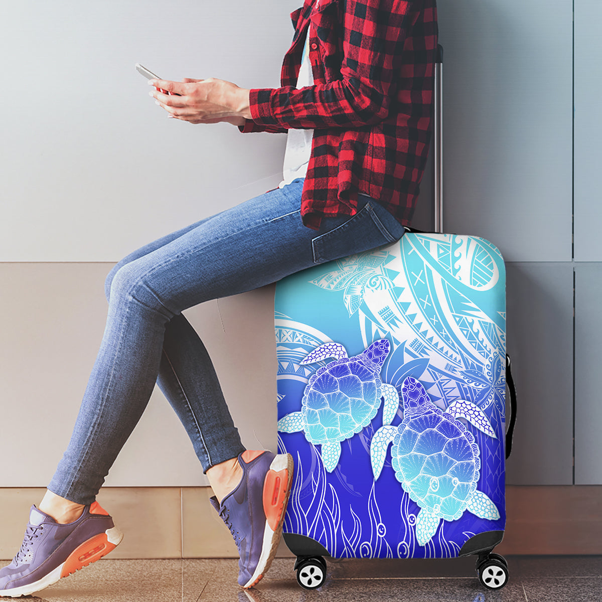 Polynesia Valentine Day Luggage Cover Polynesian Sea Turtle Turquoise Version LT14 - Polynesian Pride