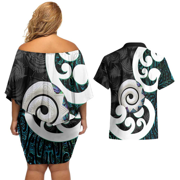 Personalised New Zealand Couples Off Shoulder Short Dress and Hawaiian Shirt Aotearoa Silver Fern With Manaia Maori Unique Blue LT14