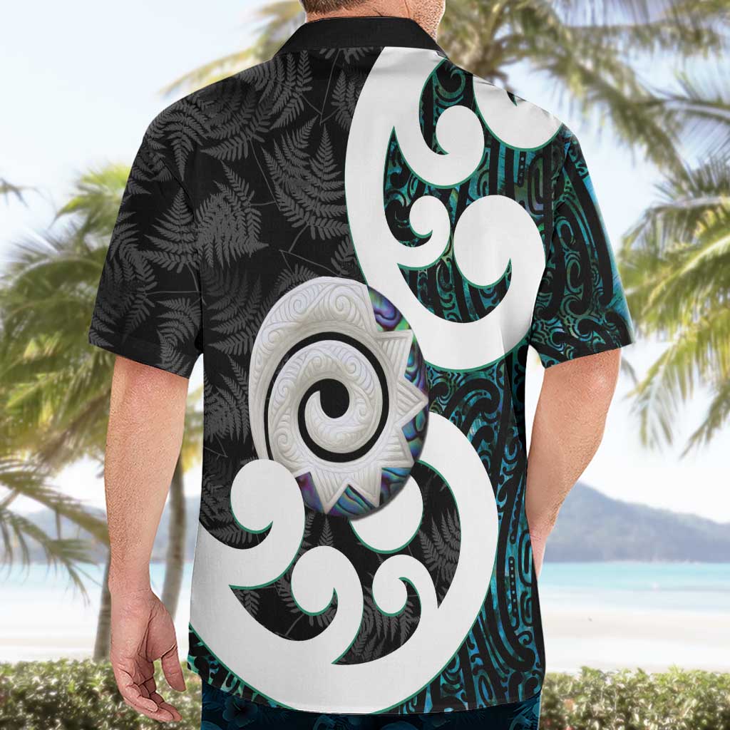 Aotearoa Koru Hawaiian Shirt Cyan Maori Paua Shell Mix Silver Fern