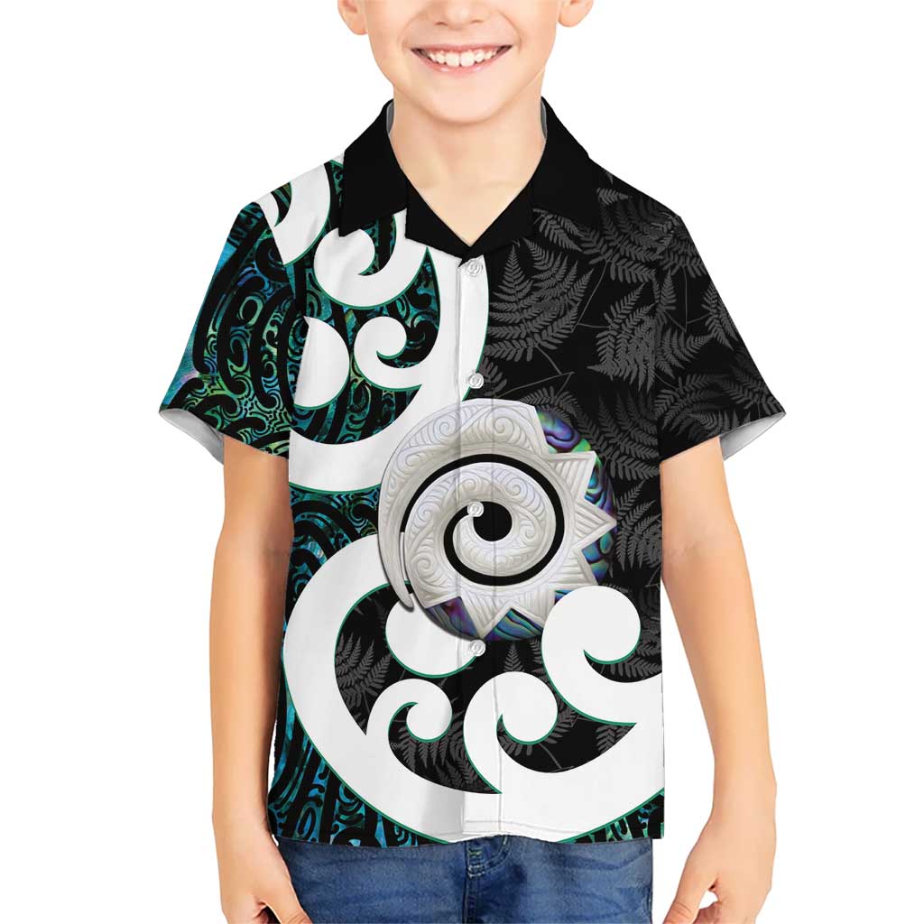 Aotearoa Koru Kid Hawaiian Shirt Cyan Maori Paua Shell Mix Silver Fern LT14 Kid Black - Polynesian Pride