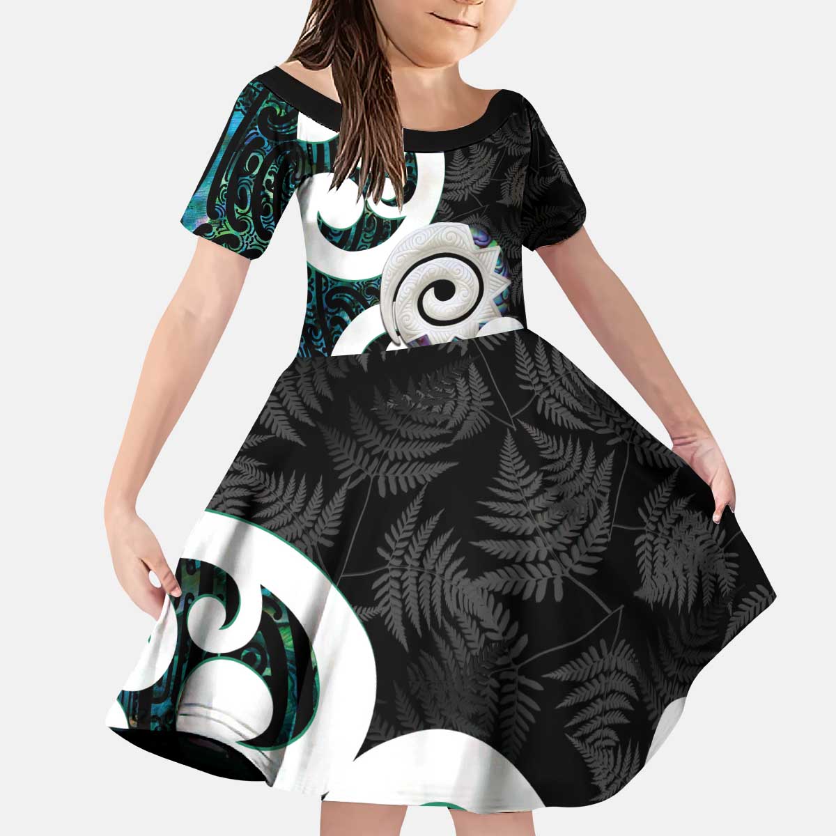 Aotearoa Koru Kid Short Sleeve Dress Cyan Maori Paua Shell Mix Silver Fern LT14 KID Black - Polynesian Pride