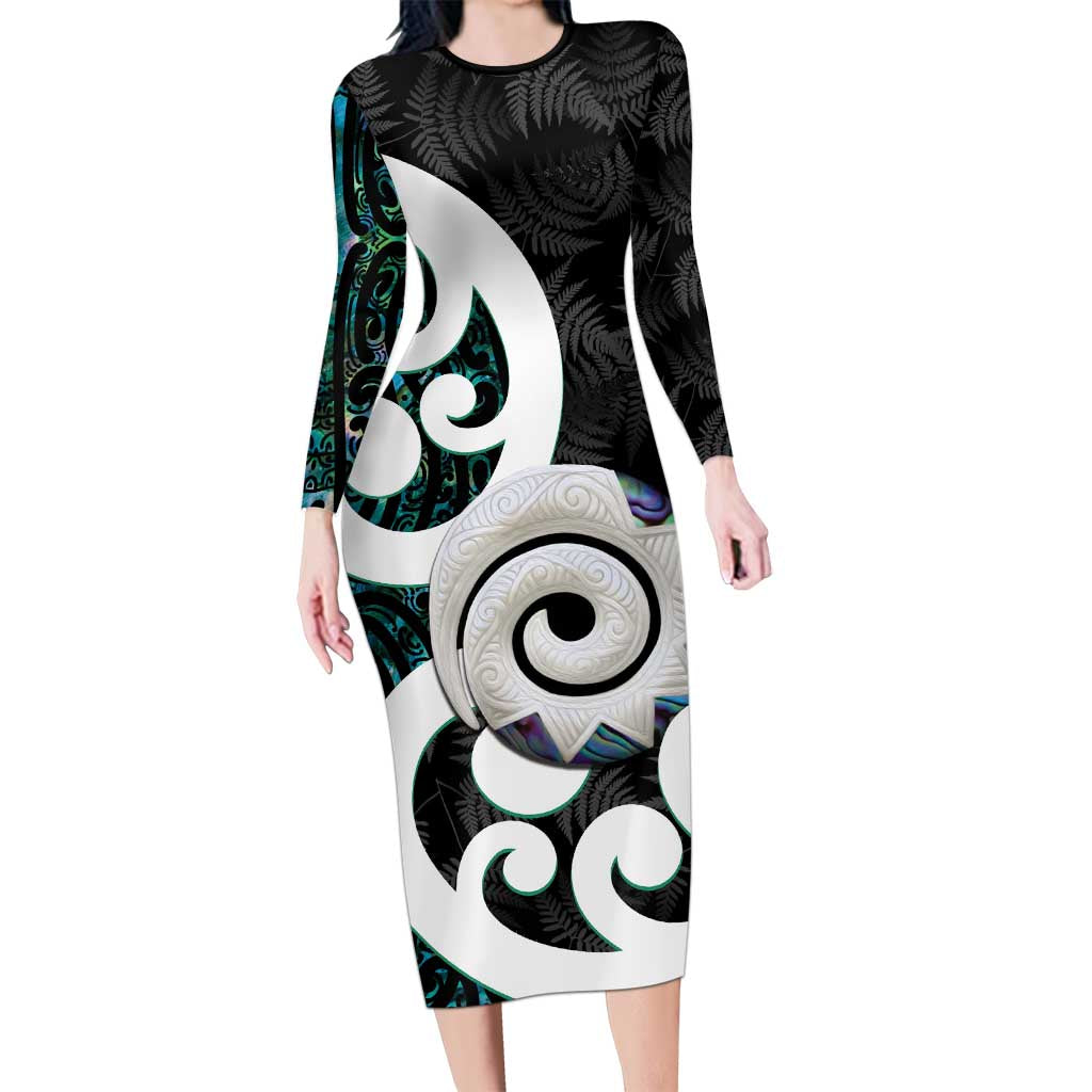 Aotearoa Koru Long Sleeve Bodycon Dress Cyan Maori Paua Shell Mix Silver Fern LT14 Long Dress Black - Polynesian Pride