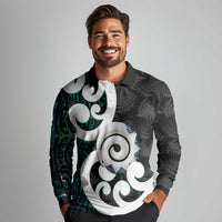 Aotearoa Koru Long Sleeve Polo Shirt Cyan Maori Paua Shell Mix Silver Fern