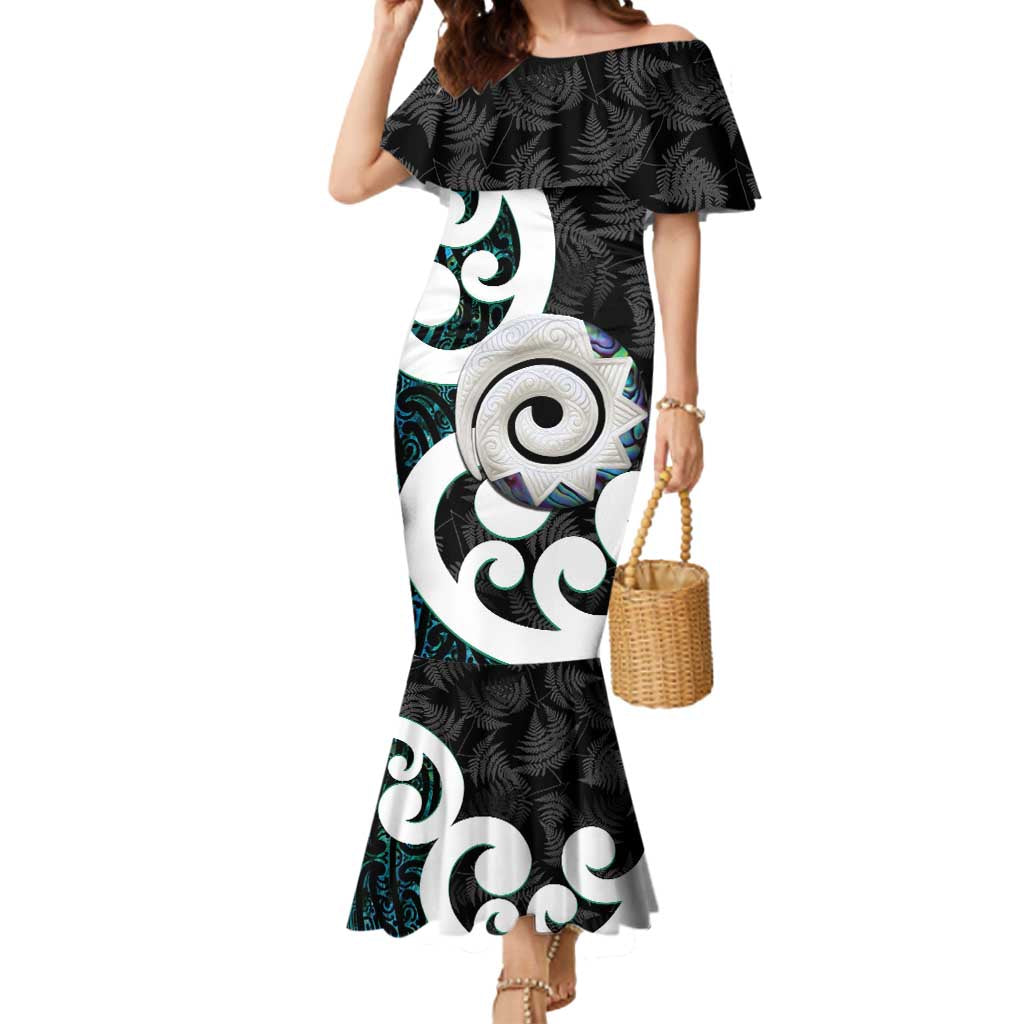 Aotearoa Koru Mermaid Dress Cyan Maori Paua Shell Mix Silver Fern LT14 Women Black - Polynesian Pride