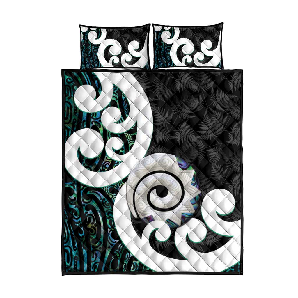 Aotearoa Koru Quilt Bed Set Cyan Maori Paua Shell Mix Silver Fern