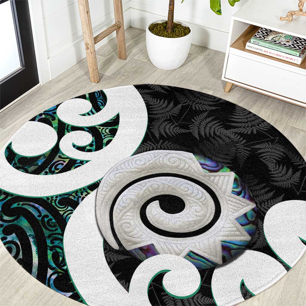 Aotearoa Koru Round Carpet Cyan Maori Paua Shell Mix Silver Fern LT14 Black - Polynesian Pride