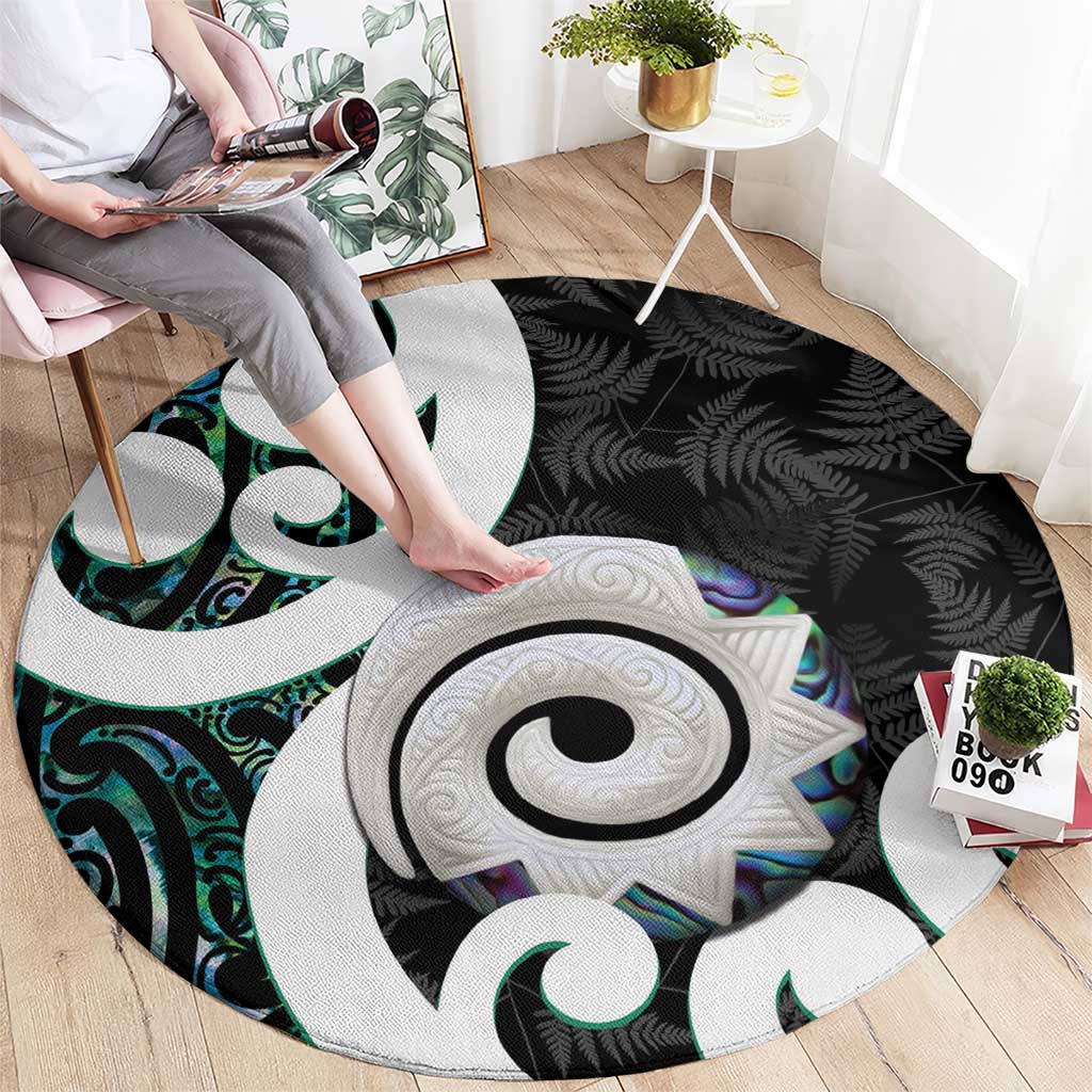 Aotearoa Koru Round Carpet Cyan Maori Paua Shell Mix Silver Fern LT14 - Polynesian Pride