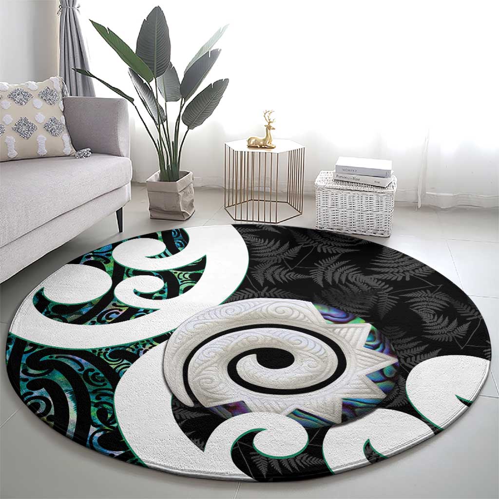 Aotearoa Koru Round Carpet Cyan Maori Paua Shell Mix Silver Fern LT14 - Polynesian Pride