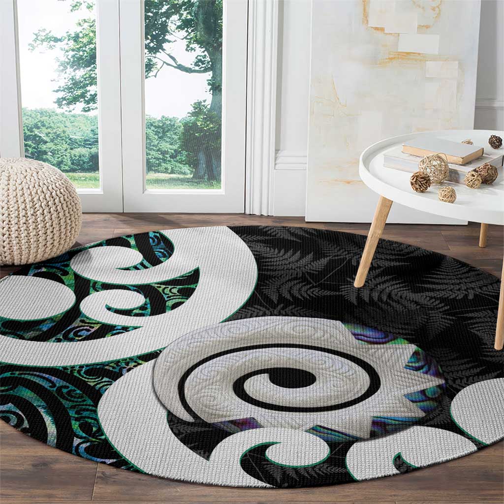 Aotearoa Koru Round Carpet Cyan Maori Paua Shell Mix Silver Fern LT14 - Polynesian Pride