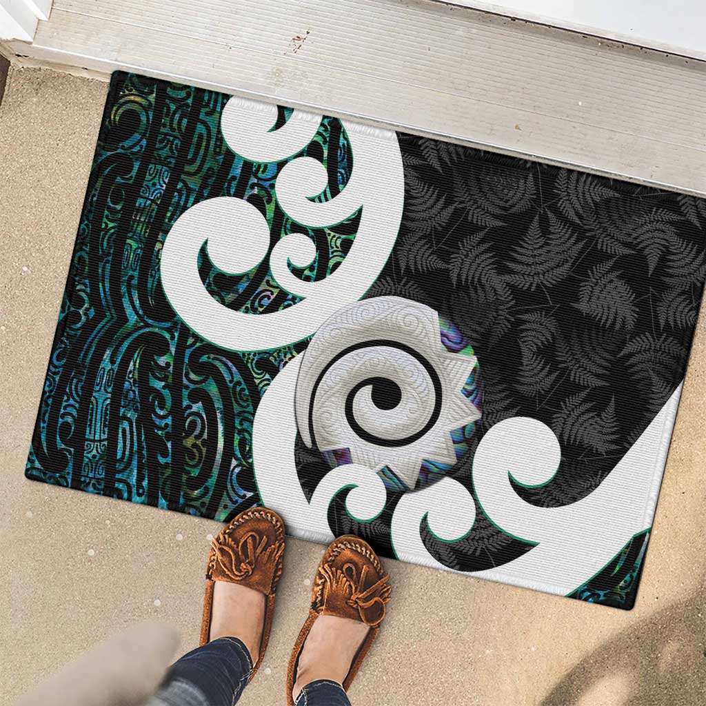 Aotearoa Koru Rubber Doormat Cyan Maori Paua Shell Mix Silver Fern LT14 - Polynesian Pride
