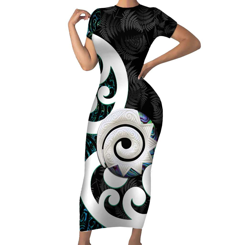 Aotearoa Koru Short Sleeve Bodycon Dress Cyan Maori Paua Shell Mix Silver Fern LT14 Long Dress Black - Polynesian Pride