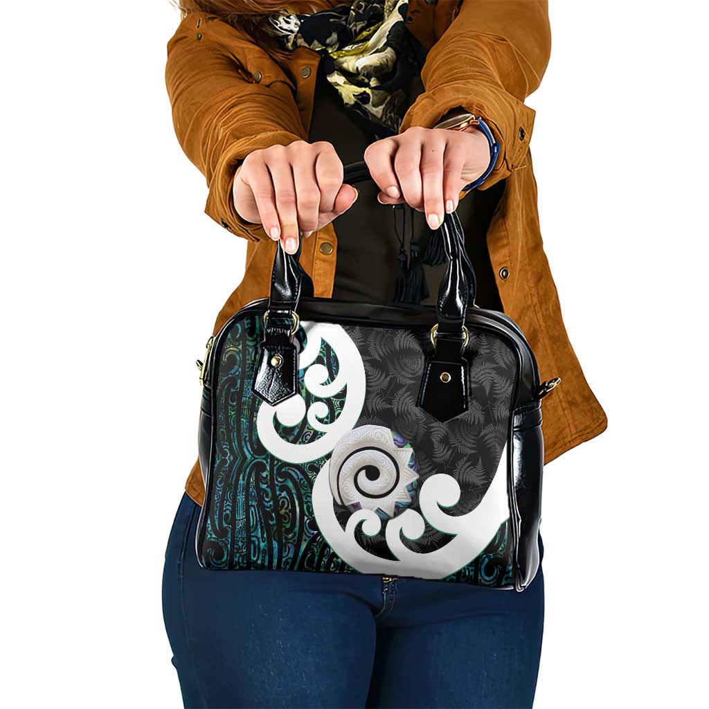 Aotearoa Koru Shoulder Handbag Cyan Maori Paua Shell Mix Silver Fern LT14 One Size Black - Polynesian Pride