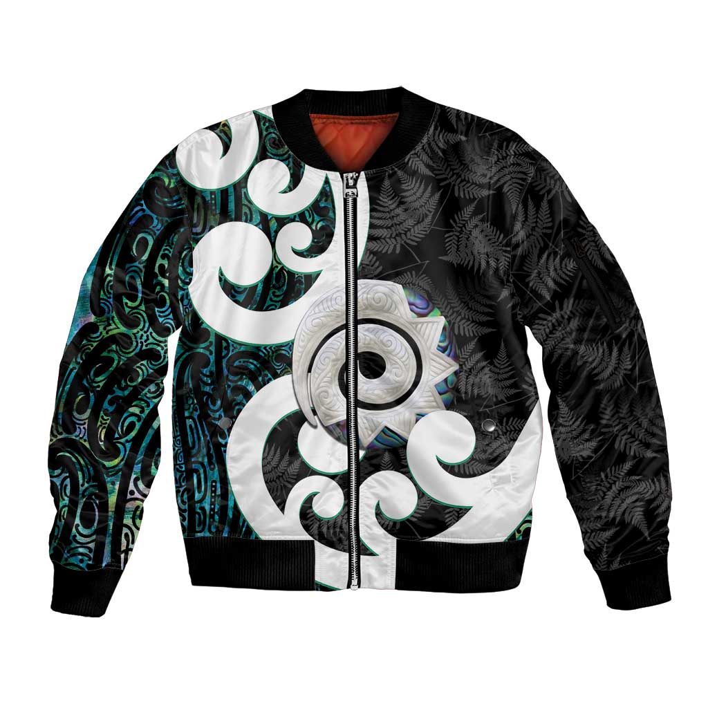 Aotearoa Koru Sleeve Zip Bomber Jacket Cyan Maori Paua Shell Mix Silver Fern LT14 Unisex Black - Polynesian Pride