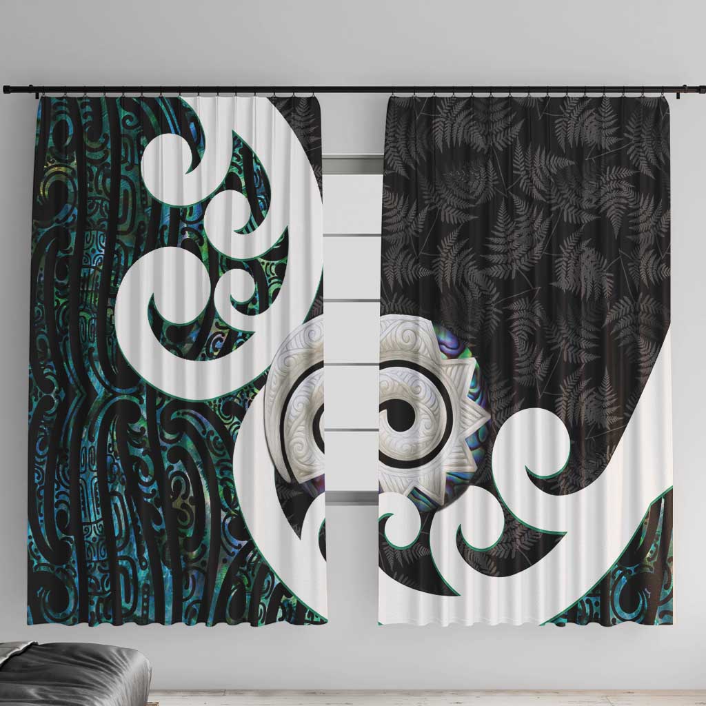 Aotearoa Koru Window Curtain Cyan Maori Paua Shell Mix Silver Fern LT14 With Hooks Black - Polynesian Pride