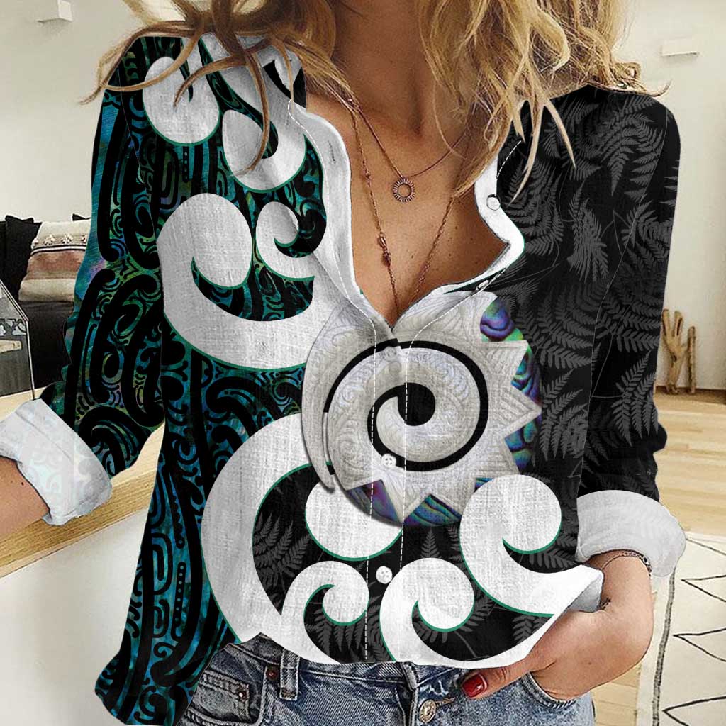 Aotearoa Koru Women Casual Shirt Cyan Maori Paua Shell Mix Silver Fern LT14 Female Black - Polynesian Pride