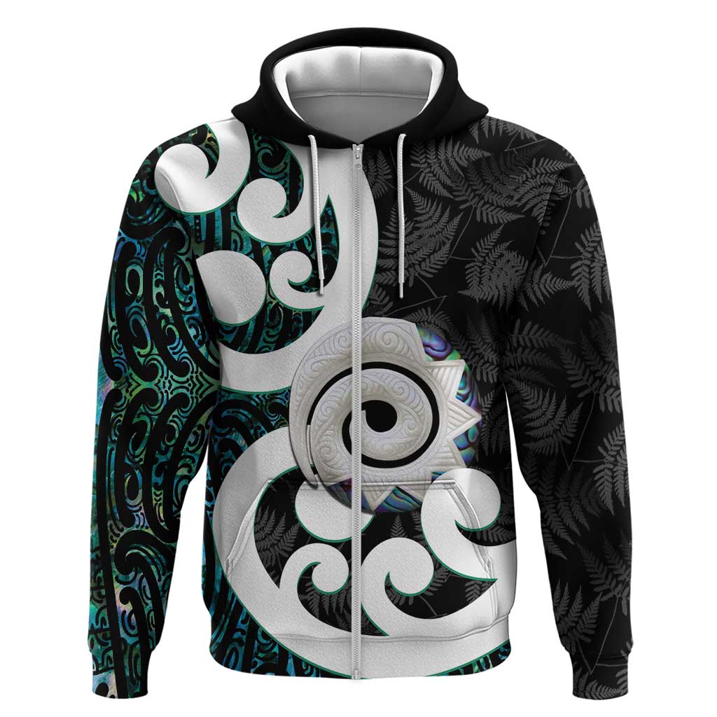 Aotearoa Koru Zip Hoodie Cyan Maori Paua Shell Mix Silver Fern LT14 Zip Hoodie Black - Polynesian Pride