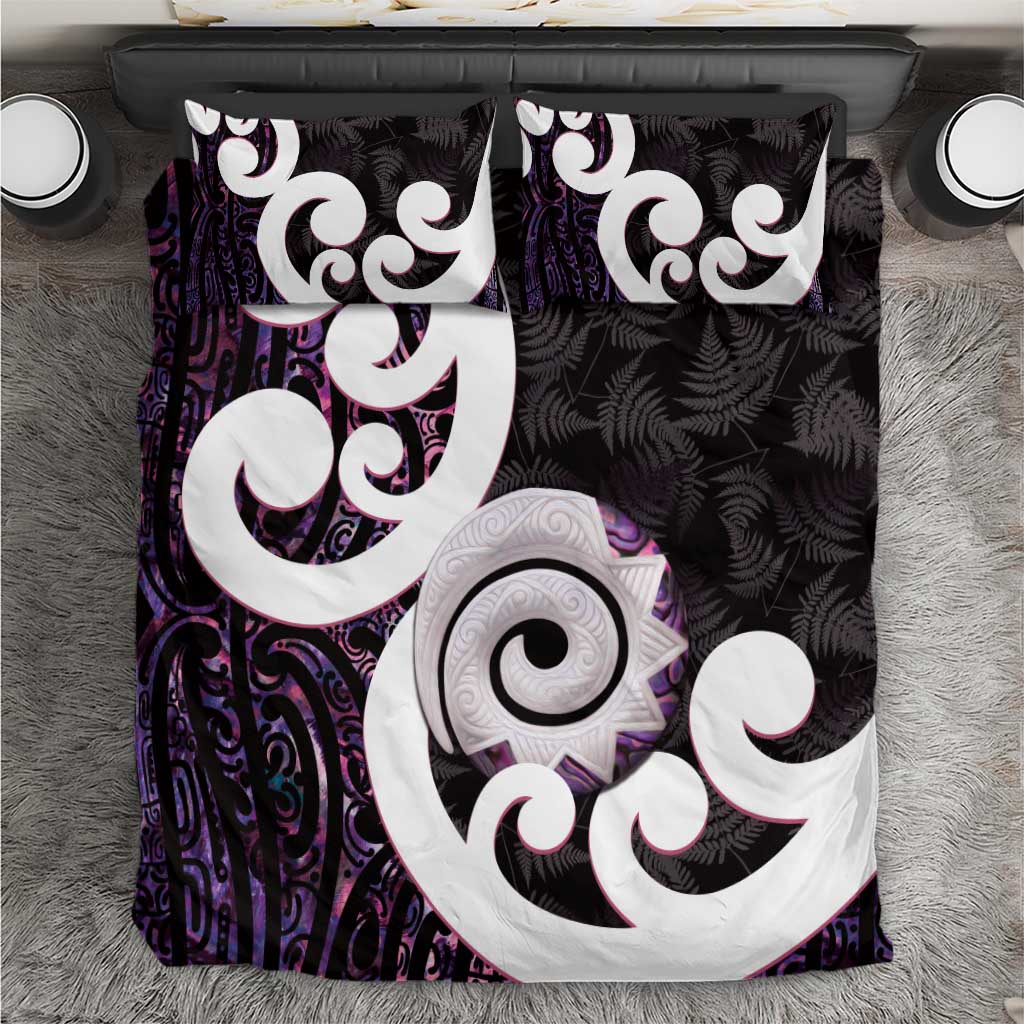 Aotearoa Koru Bedding Set Purple Maori Paua Shell Mix Silver Fern LT14 Black - Polynesian Pride