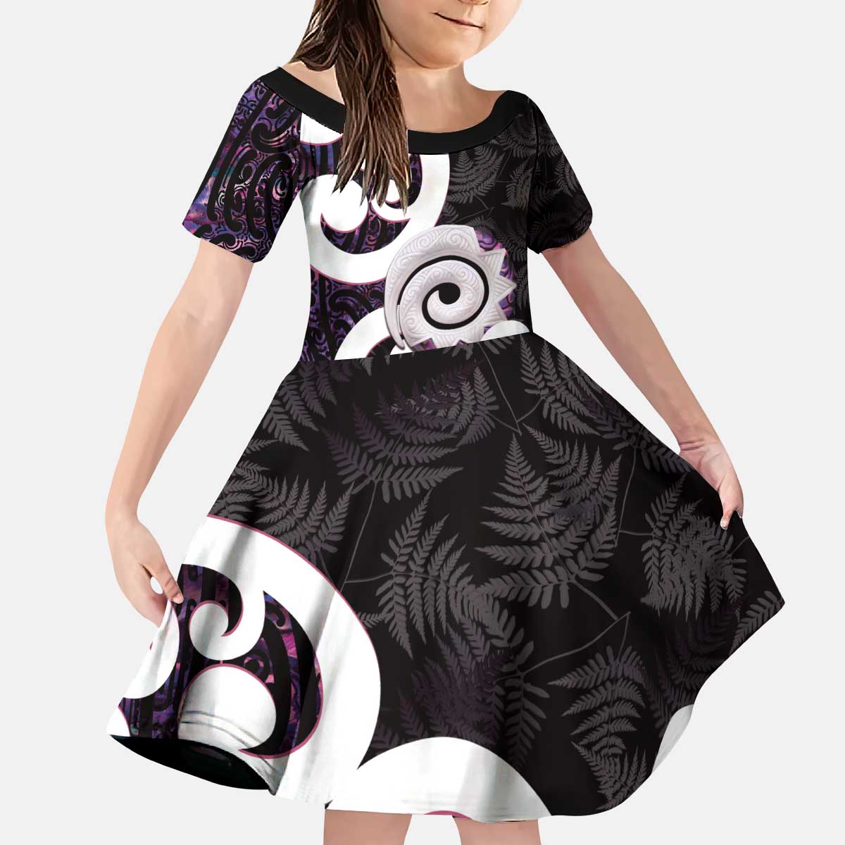 Aotearoa Koru Kid Short Sleeve Dress Purple Maori Paua Shell Mix Silver Fern LT14 KID Black - Polynesian Pride
