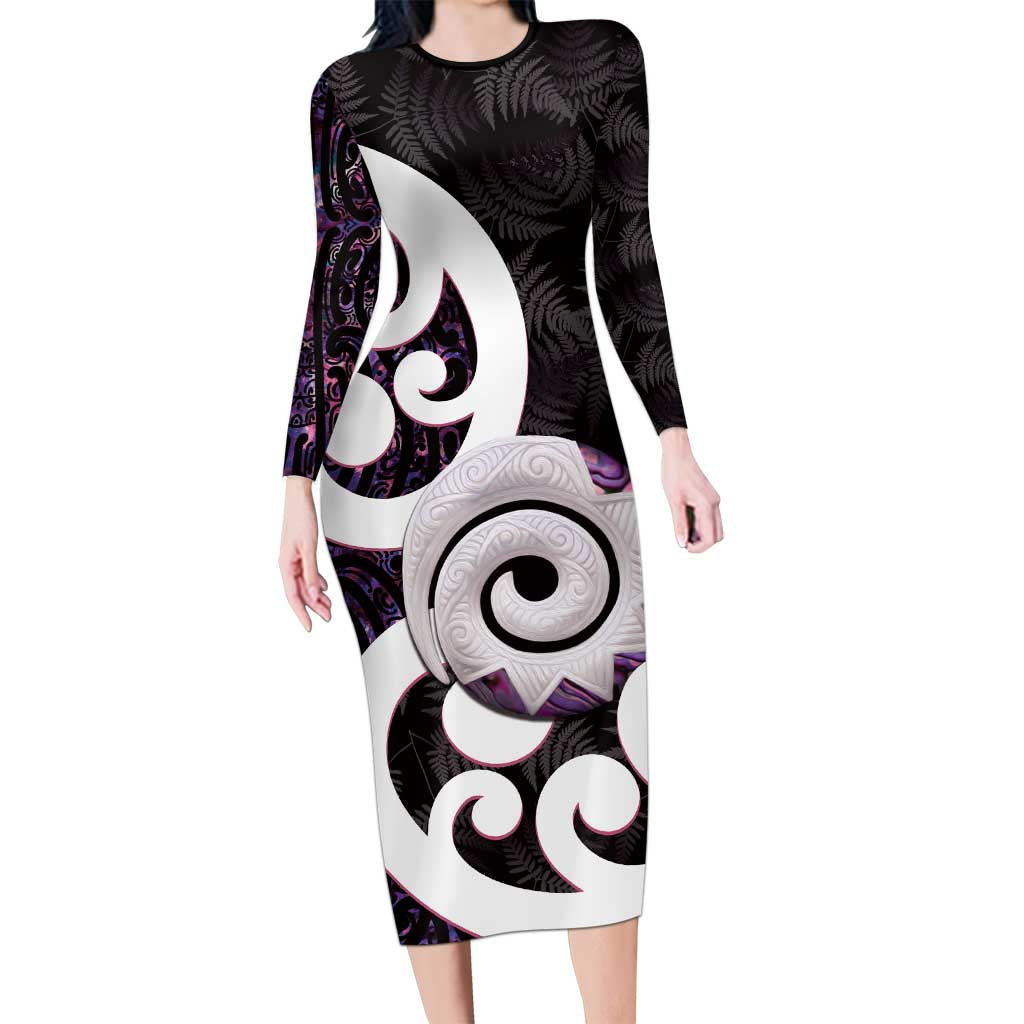 Aotearoa Koru Long Sleeve Bodycon Dress Purple Maori Paua Shell Mix Silver Fern LT14 Long Dress Black - Polynesian Pride