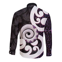 Aotearoa Koru Long Sleeve Button Shirt Purple Maori Paua Shell Mix Silver Fern