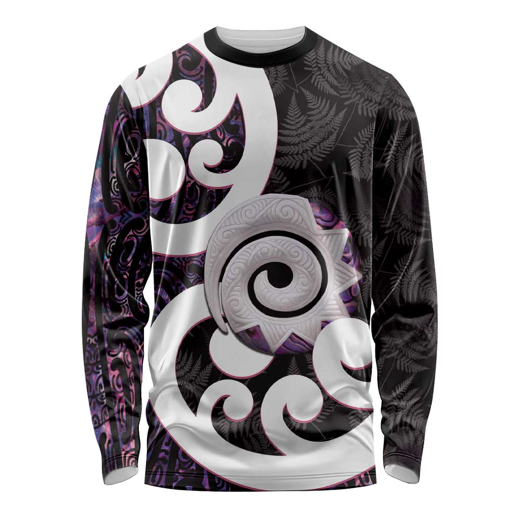 Aotearoa Koru Long Sleeve Shirt Purple Maori Paua Shell Mix Silver Fern LT14 Unisex Black - Polynesian Pride
