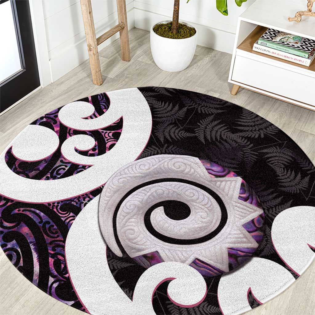 Aotearoa Koru Round Carpet Purple Maori Paua Shell Mix Silver Fern LT14 Black - Polynesian Pride