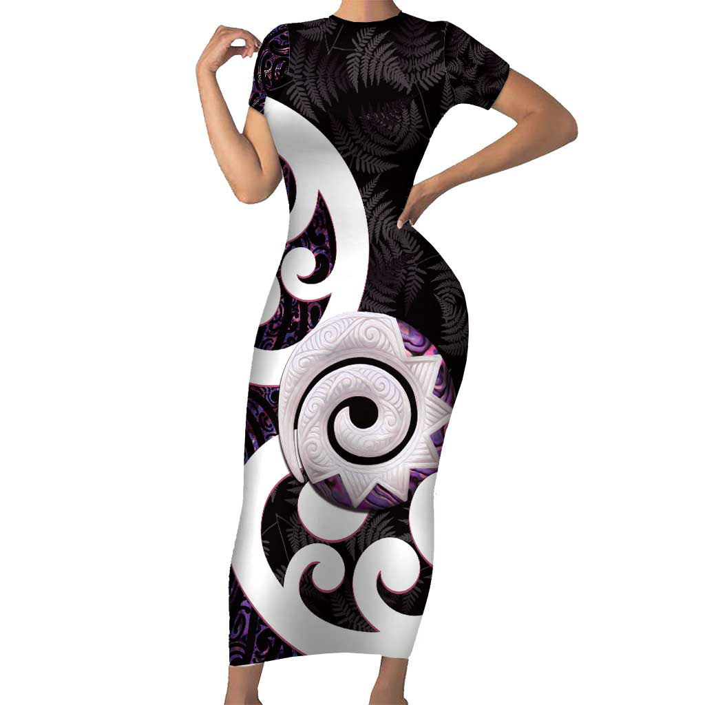Aotearoa Koru Short Sleeve Bodycon Dress Purple Maori Paua Shell Mix Silver Fern LT14 Long Dress Black - Polynesian Pride