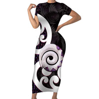 Aotearoa Koru Short Sleeve Bodycon Dress Purple Maori Paua Shell Mix Silver Fern LT14 Long Dress Black - Polynesian Pride