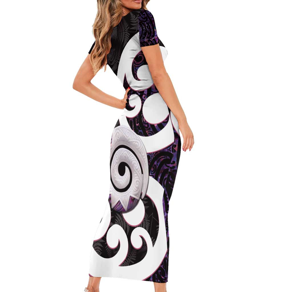 Aotearoa Koru Short Sleeve Bodycon Dress Purple Maori Paua Shell Mix Silver Fern LT14 - Polynesian Pride