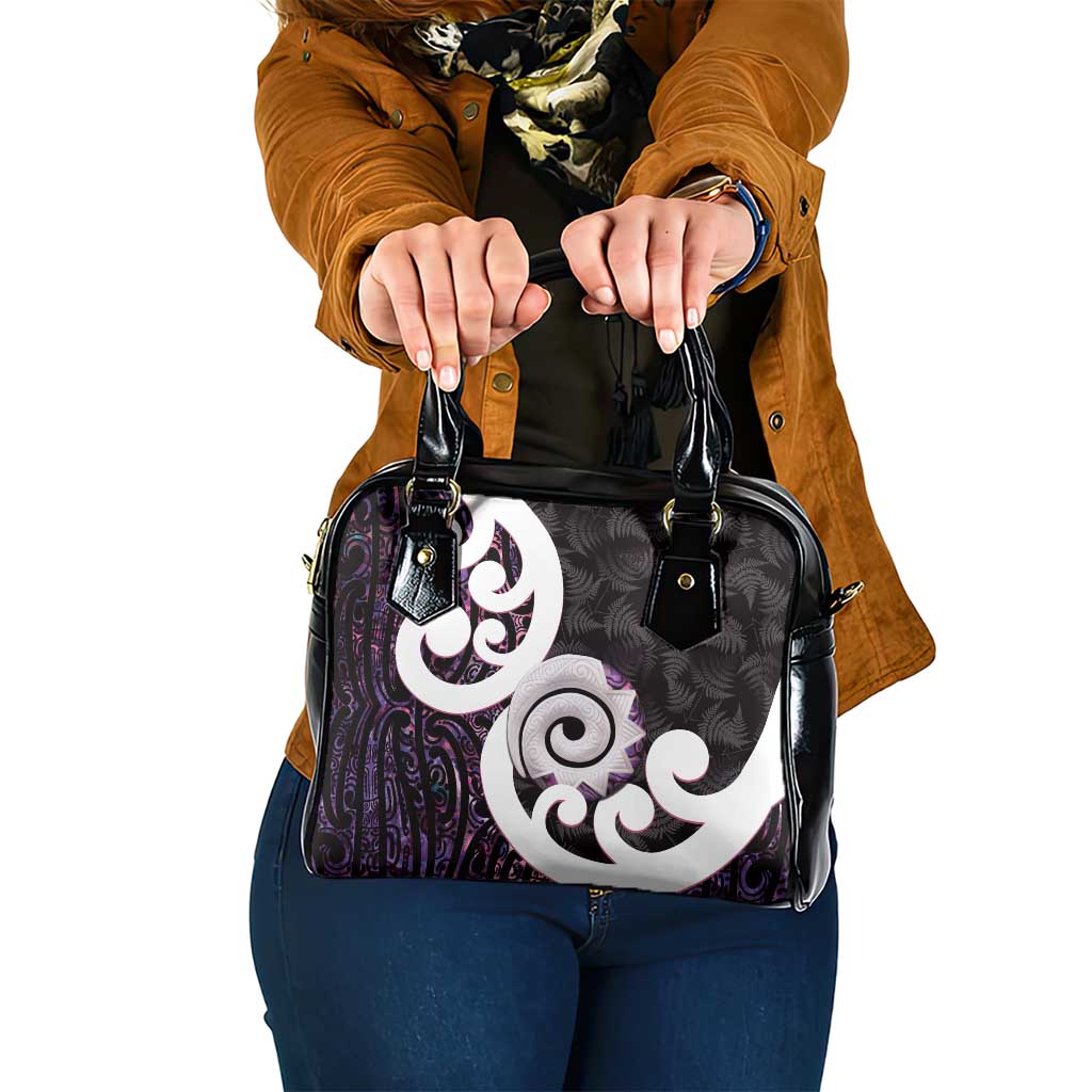 Aotearoa Koru Shoulder Handbag Purple Maori Paua Shell Mix Silver Fern LT14 One Size Black - Polynesian Pride