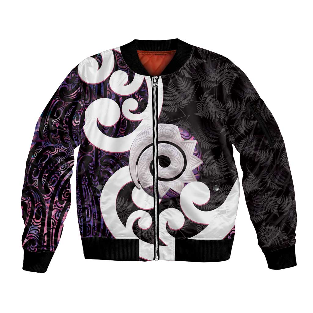Aotearoa Koru Sleeve Zip Bomber Jacket Purple Maori Paua Shell Mix Silver Fern LT14 Unisex Black - Polynesian Pride