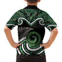 Koru Pounamu Aotearoa Family Matching Off Shoulder Short Dress and Hawaiian Shirt Maori Paua Shell Mix Silver Fern