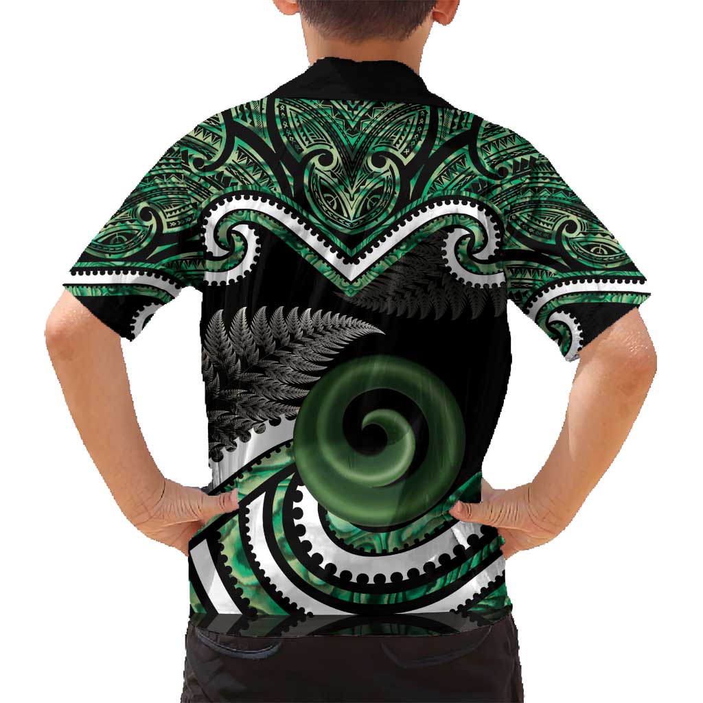 Koru Pounamu Aotearoa Family Matching Summer Maxi Dress and Hawaiian Shirt Maori Paua Shell Mix Silver Fern