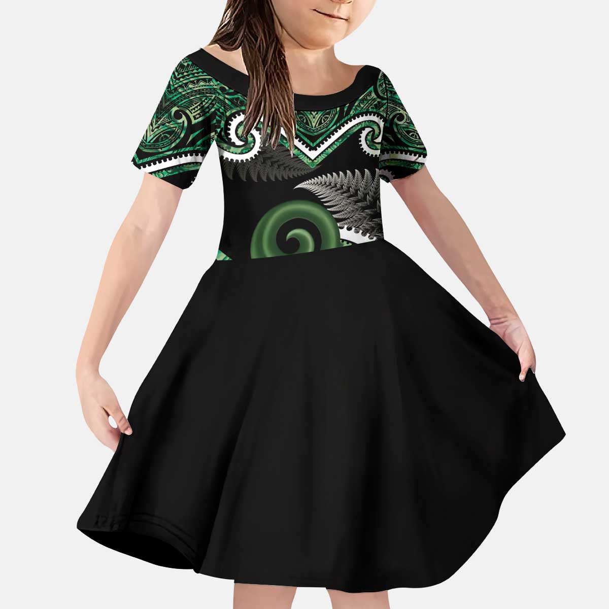 Koru Pounamu Aotearoa Kid Short Sleeve Dress Maori Paua Shell Mix Silver Fern LT14 KID Black - Polynesian Pride