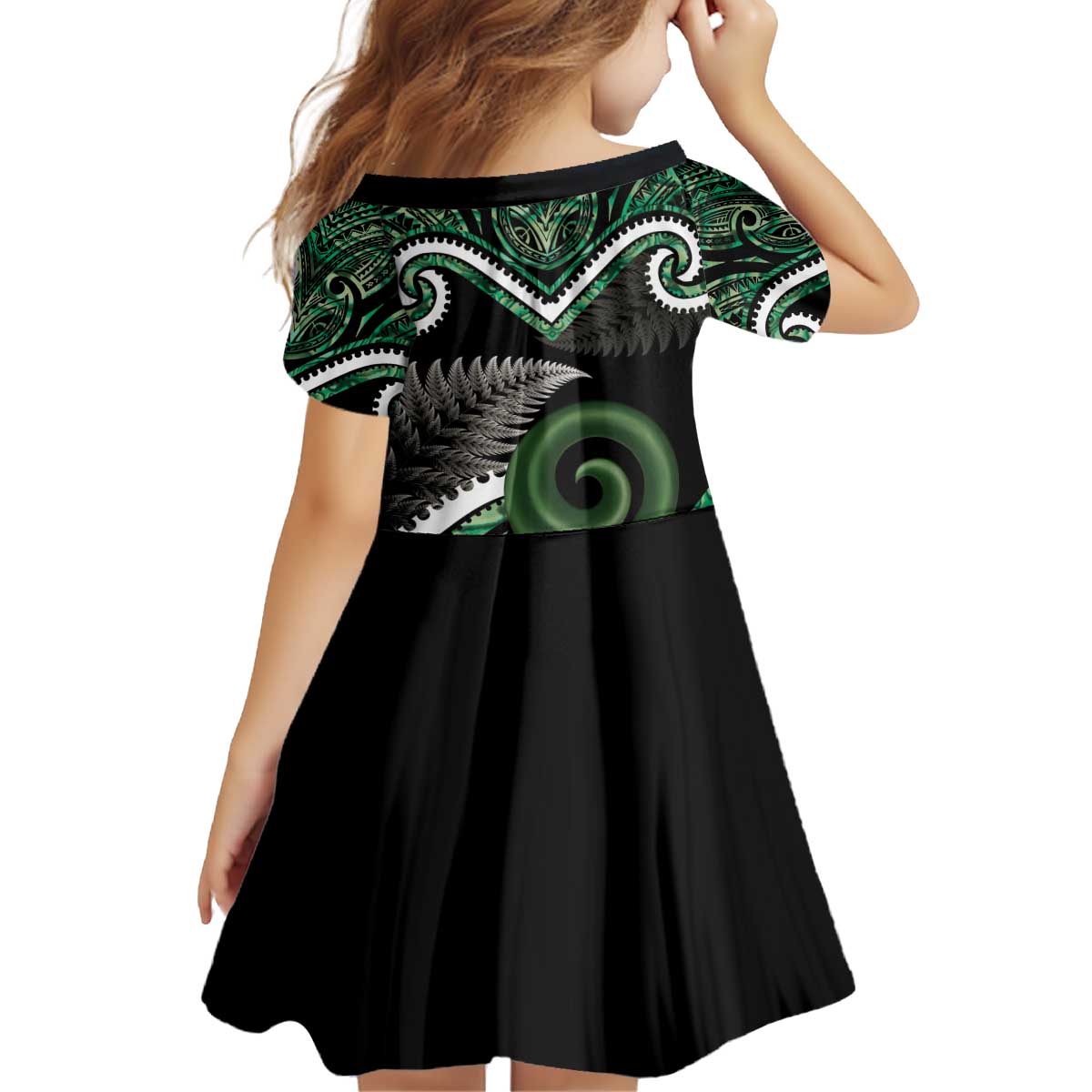 Koru Pounamu Aotearoa Kid Short Sleeve Dress Maori Paua Shell Mix Silver Fern