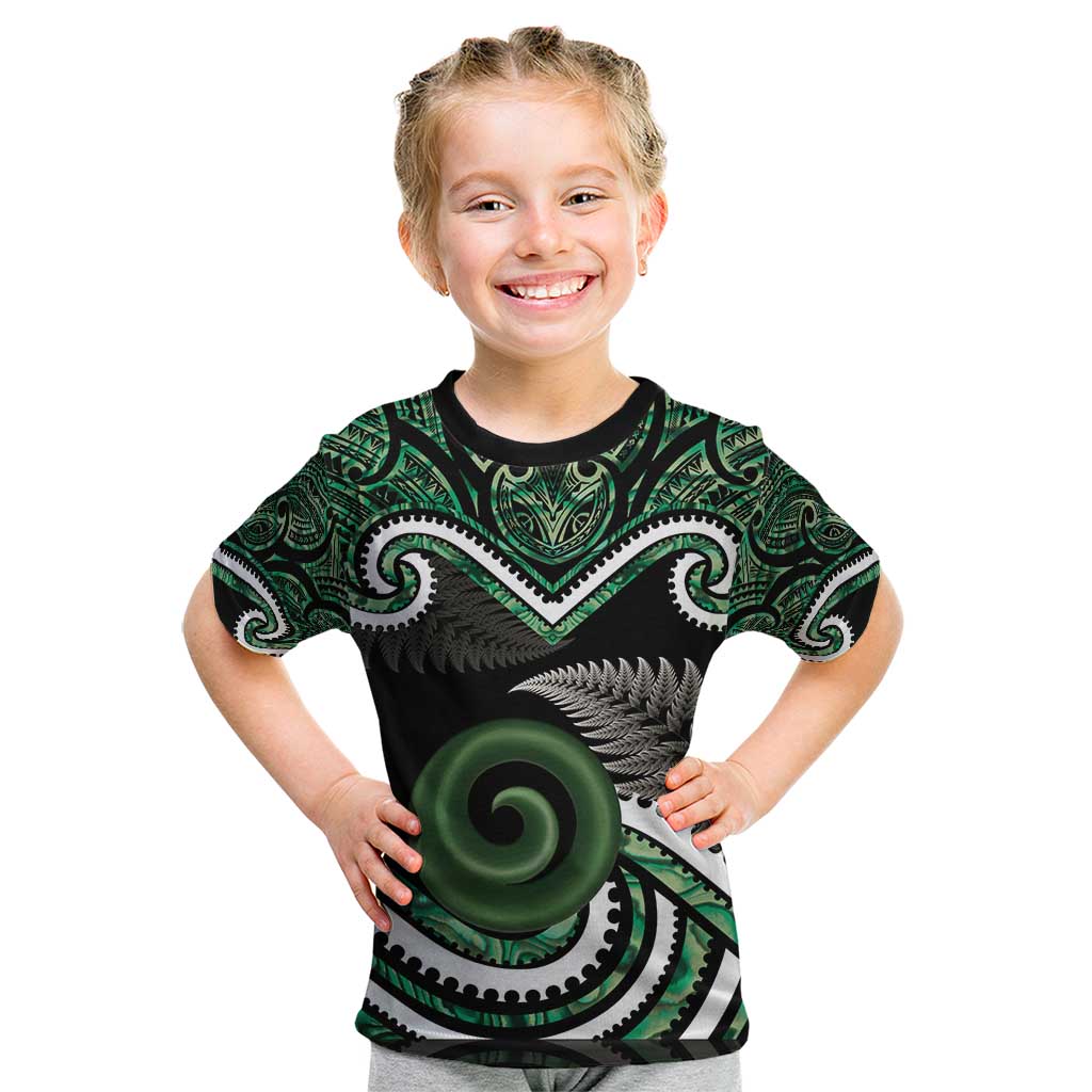 Koru Pounamu Aotearoa Kid T Shirt Maori Paua Shell Mix Silver Fern LT14 Black - Polynesian Pride
