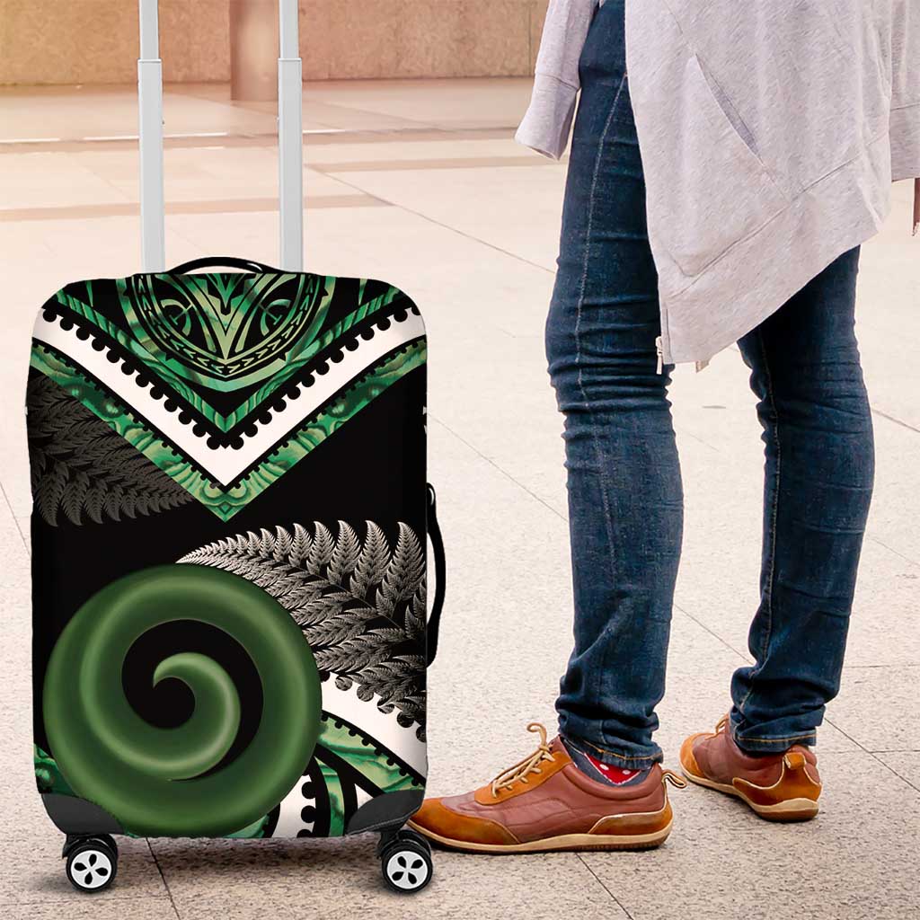 Koru Pounamu Aotearoa Luggage Cover Maori Paua Shell Mix Silver Fern LT14 Black - Polynesian Pride