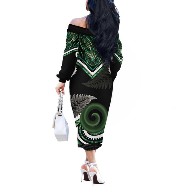 Maori Off Shoulder Long Dress Tino Moku Curves Special - Green LT7 main image 0