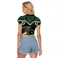 Koru Pounamu Aotearoa Raglan Cropped T Shirt Maori Paua Shell Mix Silver Fern