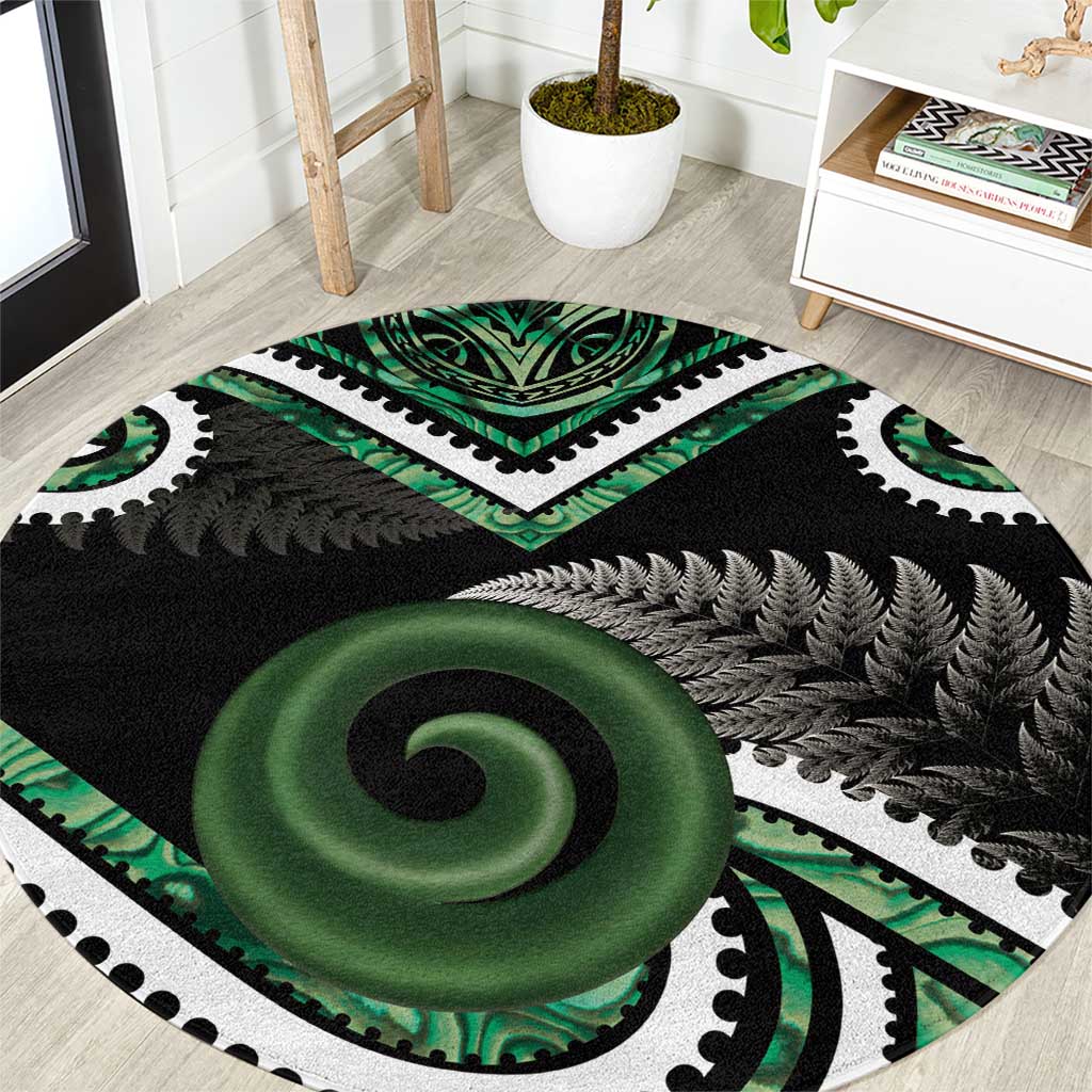 Koru Pounamu Aotearoa Round Carpet Maori Paua Shell Mix Silver Fern LT14 Black - Polynesian Pride