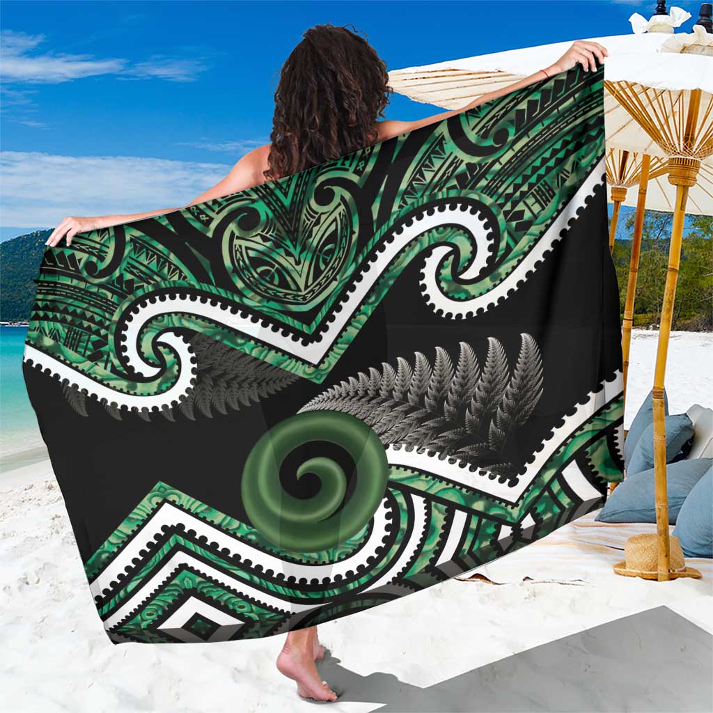 Koru Pounamu Aotearoa Sarong Maori Paua Shell Mix Silver Fern LT14 One Size 44 x 66 inches Black - Polynesian Pride