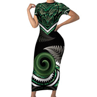 Koru Pounamu Aotearoa Short Sleeve Bodycon Dress Maori Paua Shell Mix Silver Fern LT14 Long Dress Black - Polynesian Pride