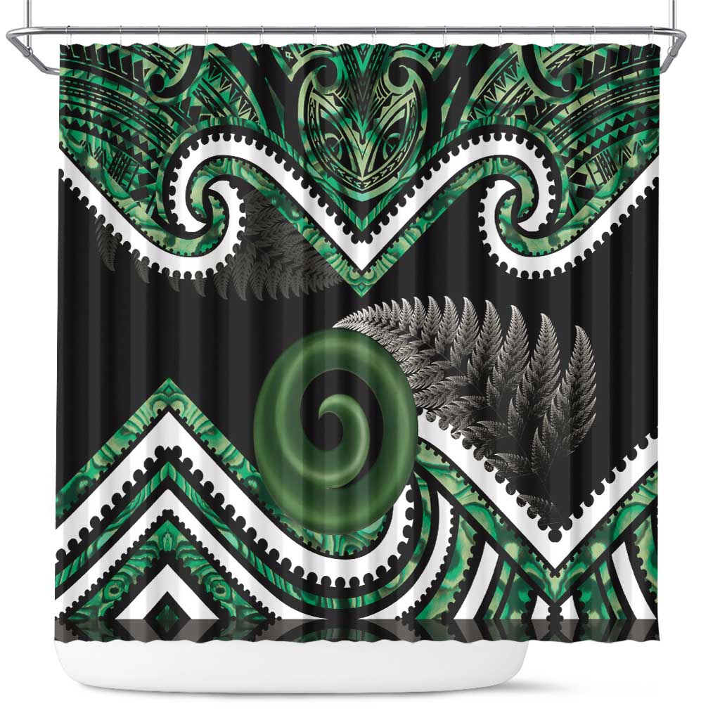Koru Pounamu Aotearoa Shower Curtain Maori Paua Shell Mix Silver Fern LT14 Black - Polynesian Pride